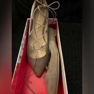 Taupe flat shoes, tie up ankle straps